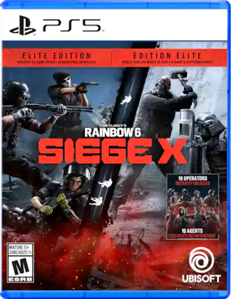 The corrected text is:
"PS5 ELITE EDITION INCLUDES ALL GAME MODES 16 ADDITIONAL OPERATORS EDITION ELITE INCLUT TOUS LES MODES DE JEUX 16 AGENTS SUPPLÉMENTAIRES OM CLANCY'S RAINBOW 6 SIEGE X 16 OPERATORS INSTANTLY UNLOCKED 16 AGENTS DÉBLOUS INSTANTANÉMENT MATURE 17+ JEUNES ADULTES 17+ M ESRB UBISOFT" - M (Mature 17+)