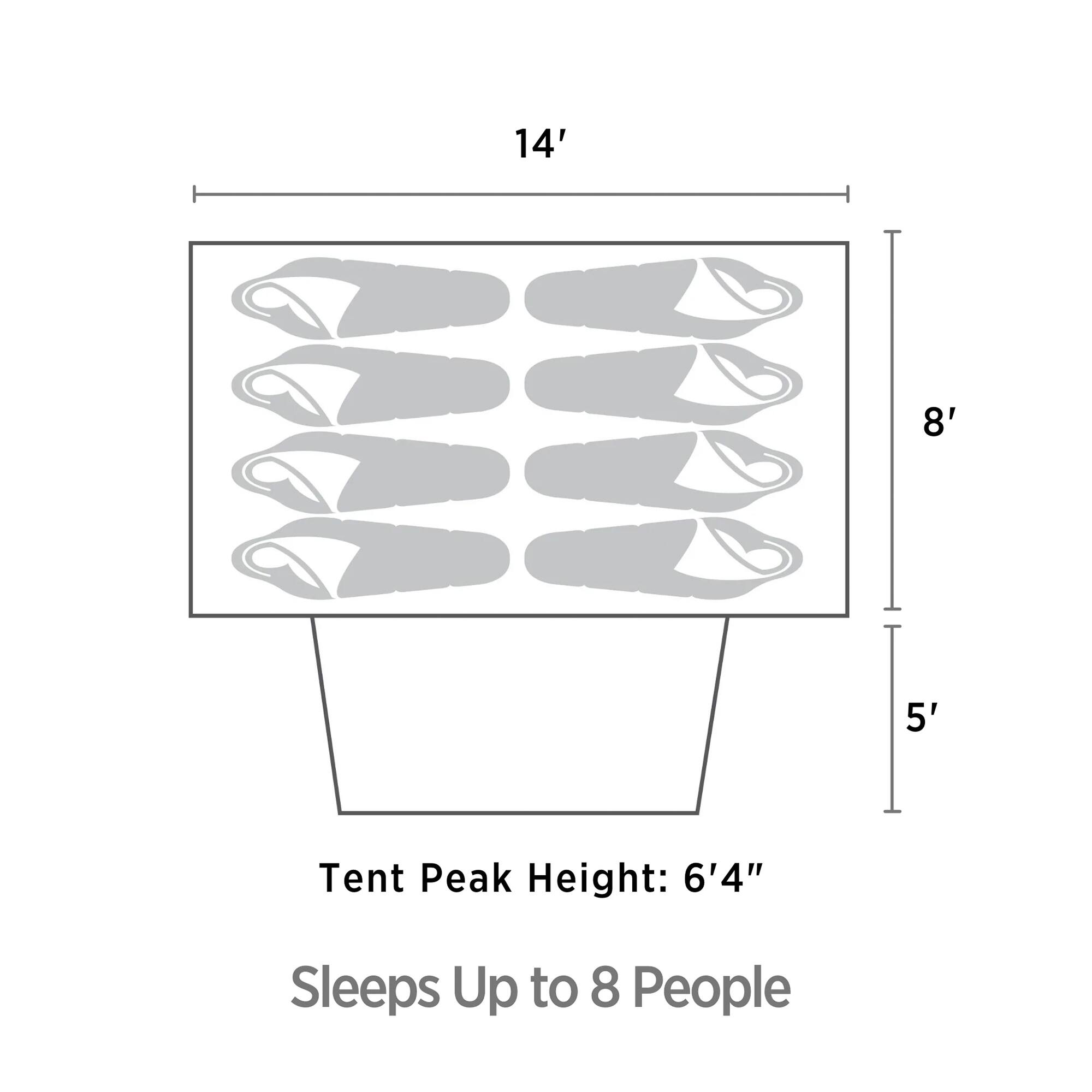 14' x 8' x 5'  
Tent Peak Height: 6'4"  
Sleeps Up to 8 People