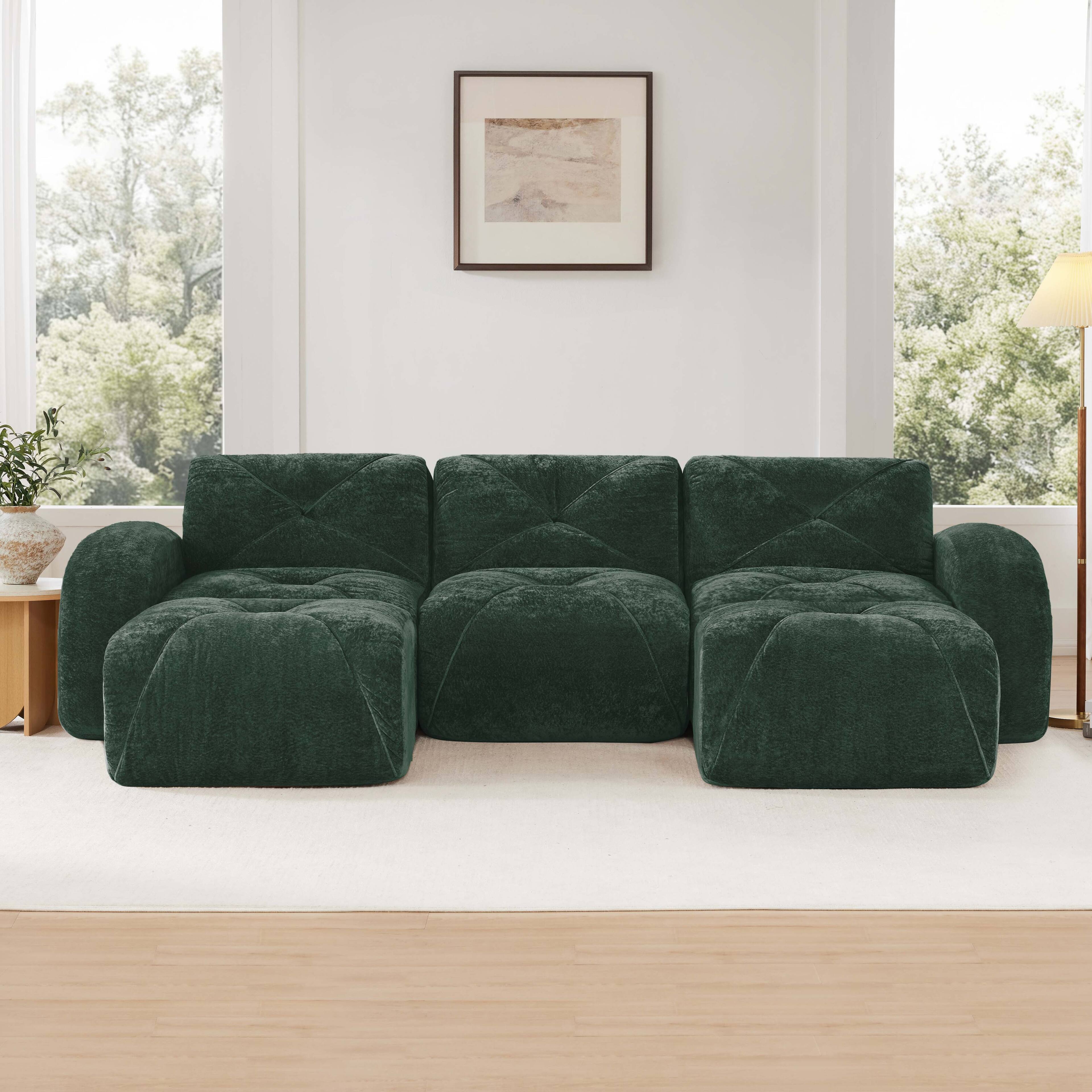 Angle. LOVMOR - Velvet Couch U Shaped Modular Storage Ottoman No Assembly Anti Slip Tufted For Living Room Apartment Study Den - Green.