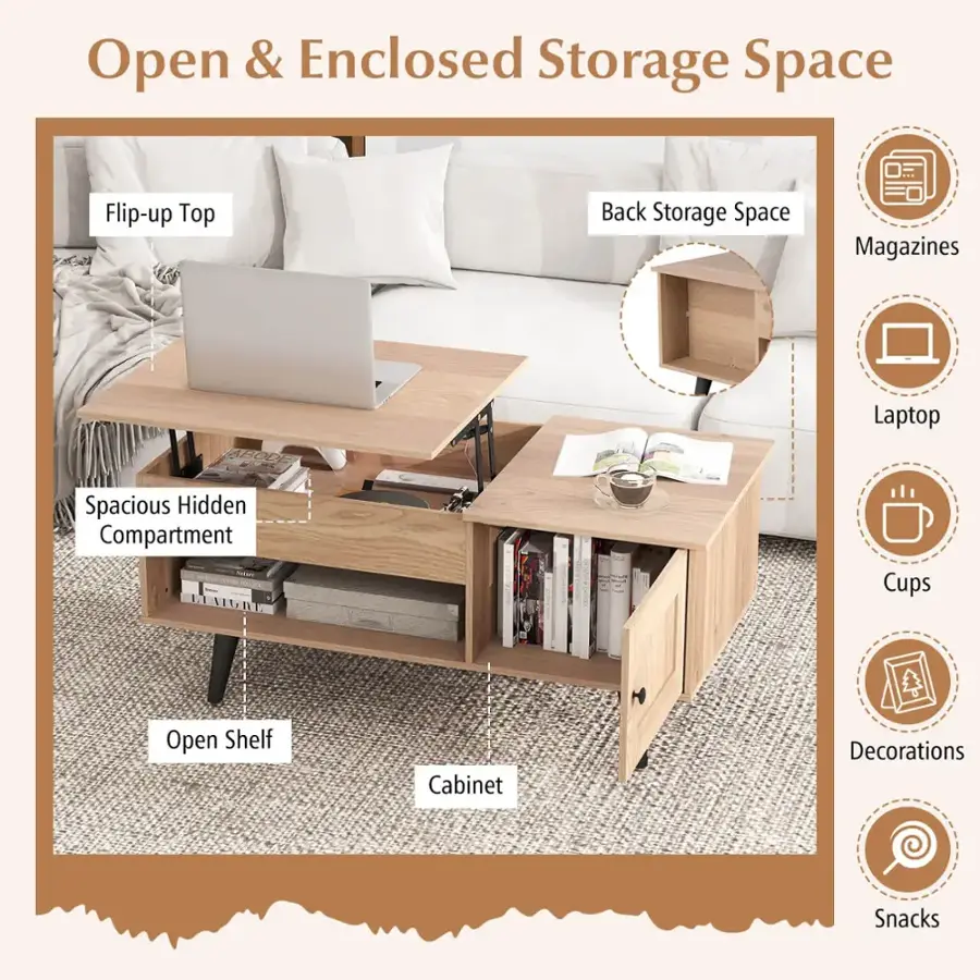 Open & Enclosed Storage Space Flip-up Top Back Storage Space Magazines Laptop Spacious Hidden Compartment Cups Open Shelf Cabinet Decorations Snacks