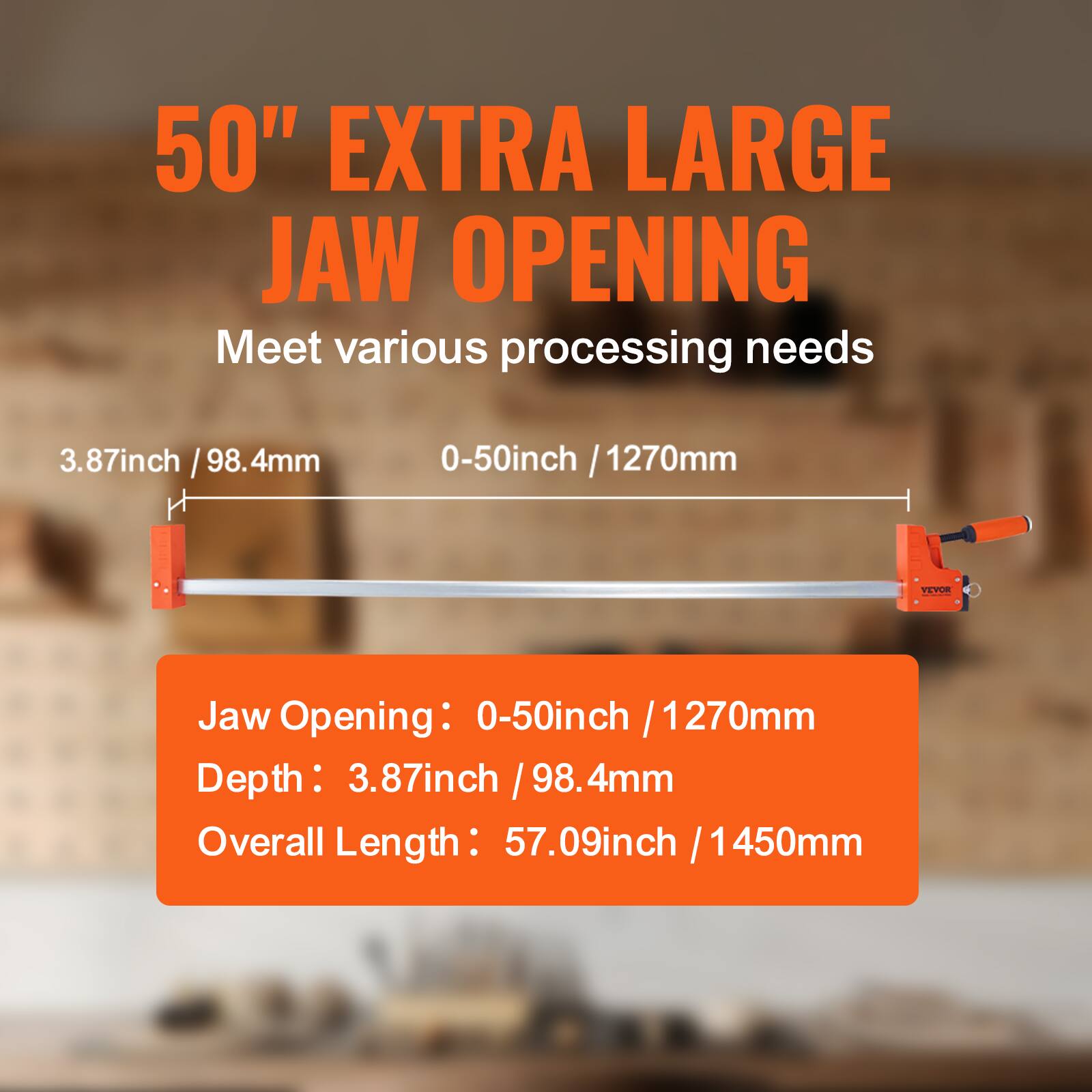 50" EXTRA LARGE JAW OPENING  
Meet various processing needs  

Jaw Opening: 0-50inch / 1270mm  
Depth: 3.87inch / 98.4mm  
Overall Length: 57.09inch / 1450mm