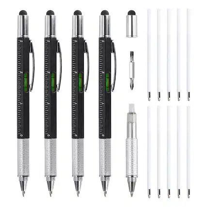 Front. Unique Bargains - 4pcs 6 in 1 Multitool Tech Tool Pen with Ballpoint Pen, Ruler, Screwdriver, Stylus, Level Gauge, Refills for Birthday - Black.