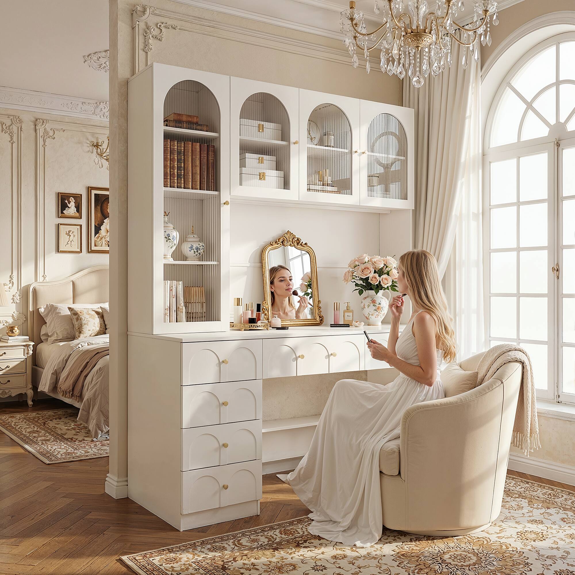 Angle. Famapy - French Vintage Vanity & Desk Combo – White Arched Cabinet with Drawer, Glass Doors, for Bedroom or Home Office - White.