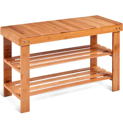 Front. Costway - 3 Tier Bamboo Shoe Rack Bench Storage Shelf Organizer Entryway Home Furni - Natural.