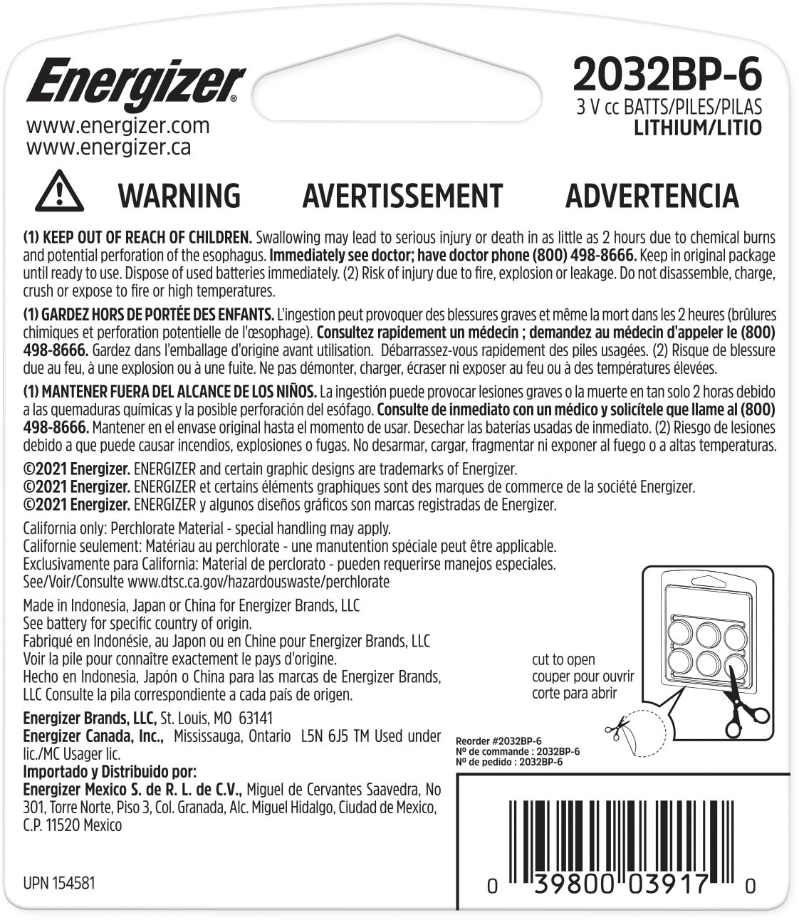 Energizer 2032 3V Lithium Watch Battery - ECR2032BP - Made in Japan (F