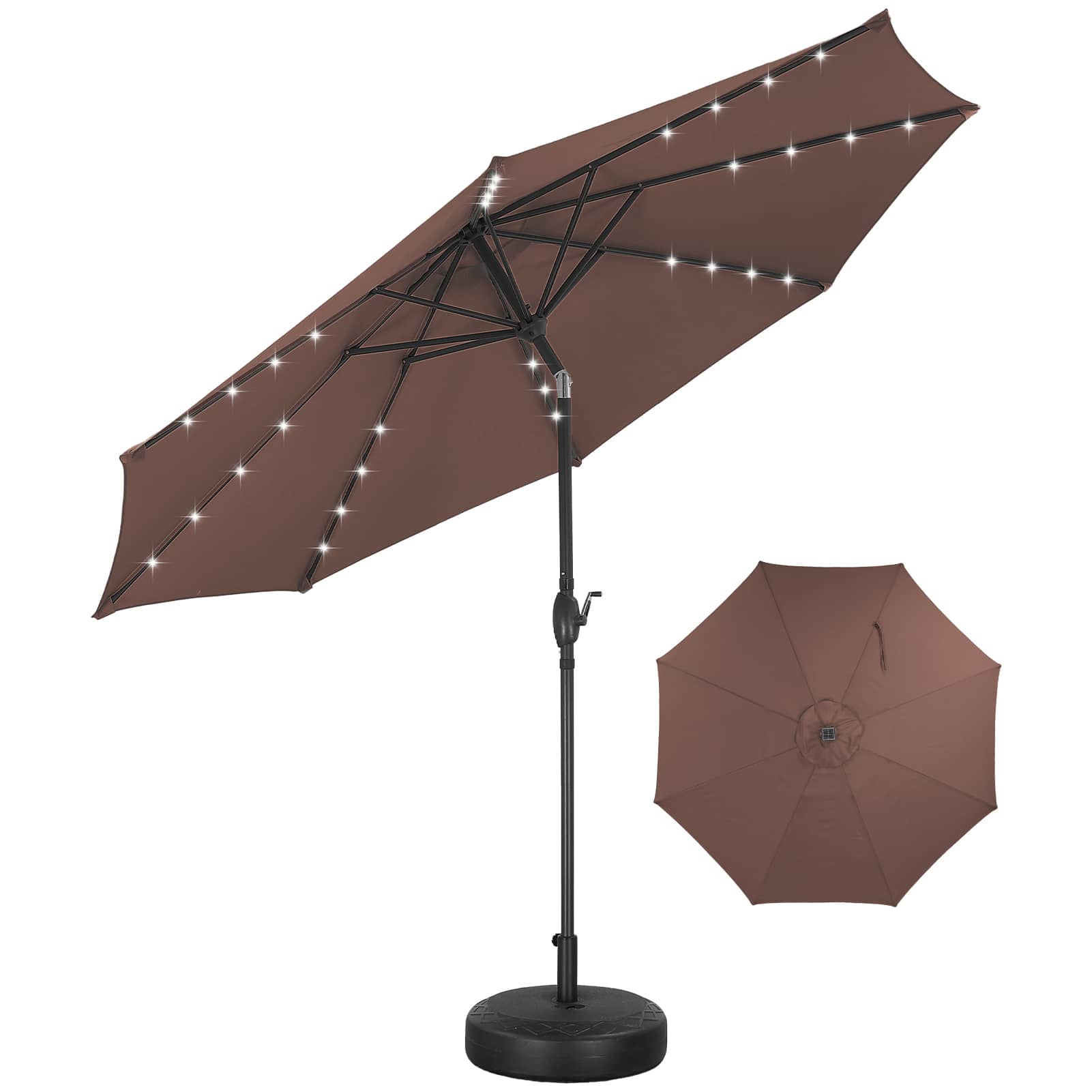 Ainfox - 10FT Solar Lighted Patio Umbrella LED Outdoor Umbrella with Tilt Crank for Backyard Garden Pool Beach with Base - coffee