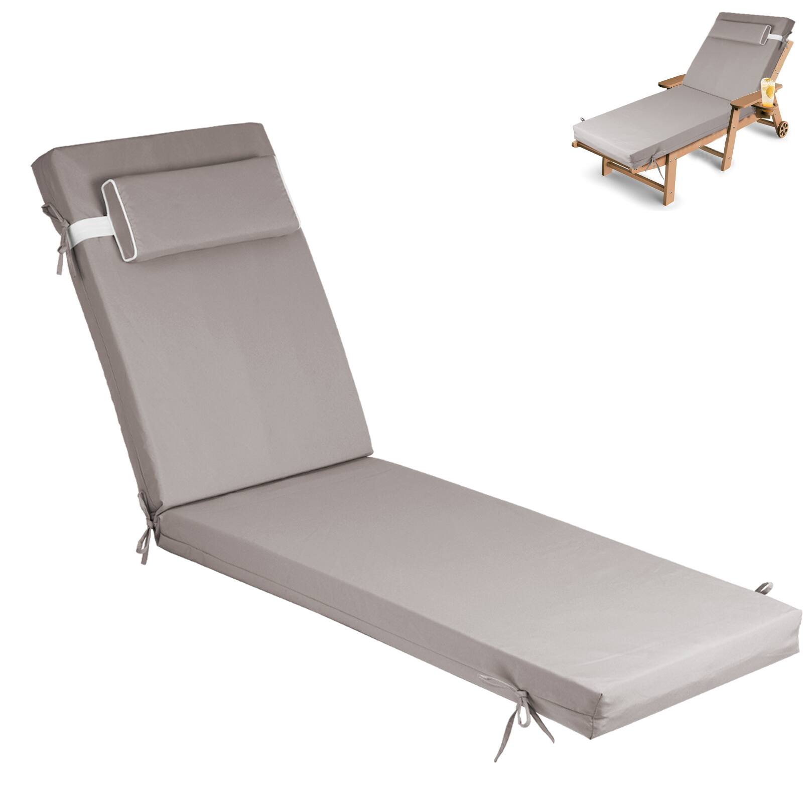 Chateau Abodes - Outdoor Chaise Lounge Cushion, Waterproof & Fade-Resistant Patio Chaise Lounge Cushion with Ties, 72" L X 21" W X 3" D - Khaki