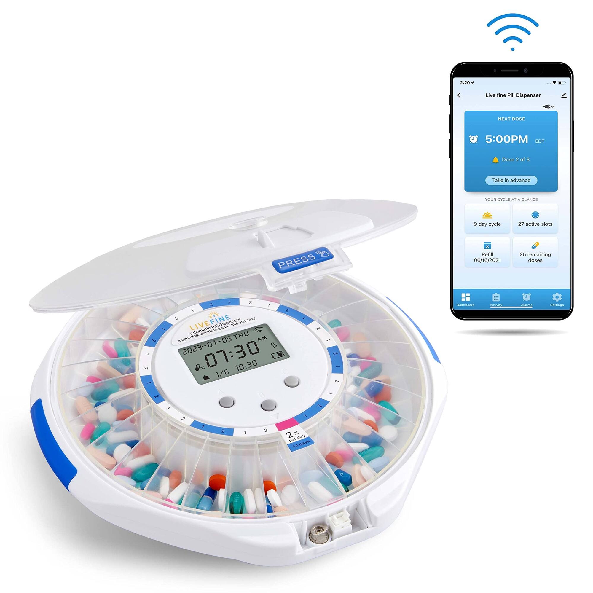LiveFine - Smart WiFi Automatic Pill Dispenser, 28-Day Pill Organizer W/Lock Key & App - Frosted Lid
