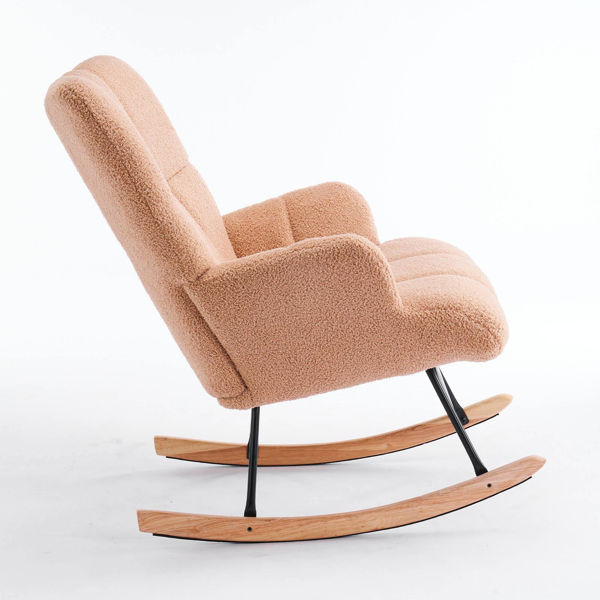 Left. FERPIT - FERPIT Teddy Upholstered Wingback Rocking Accent Chair with Rubberwood Legs, Light Brown - Light Brown.