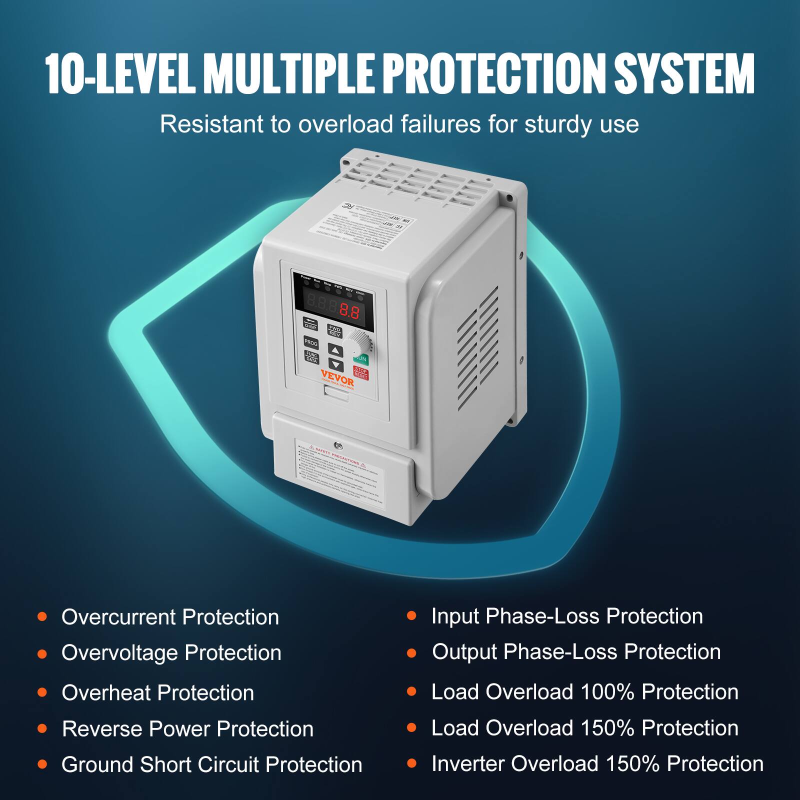 10-LEVEL MULTIPLE PROTECTION SYSTEM  
Resistant to overload failures for sturdy use

- Overcurrent Protection
- Overvoltage Protection
- Overheat Protection
- Reverse Power Protection
- Ground Short Circuit Protection
- Input Phase-Loss Protection
- Output Phase-Loss Protection
- Load Overload 100% Protection
- Load Overload 150% Protection
- Inverter Overload 150% Protection