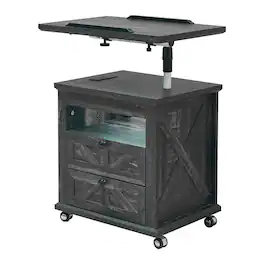 Kadyn - Lift Top Desk Cart, Mobile Rolling Table, Wood Storage Cabinet with Drawers, Height Utility Cart, Dark Wood Grain - Gray