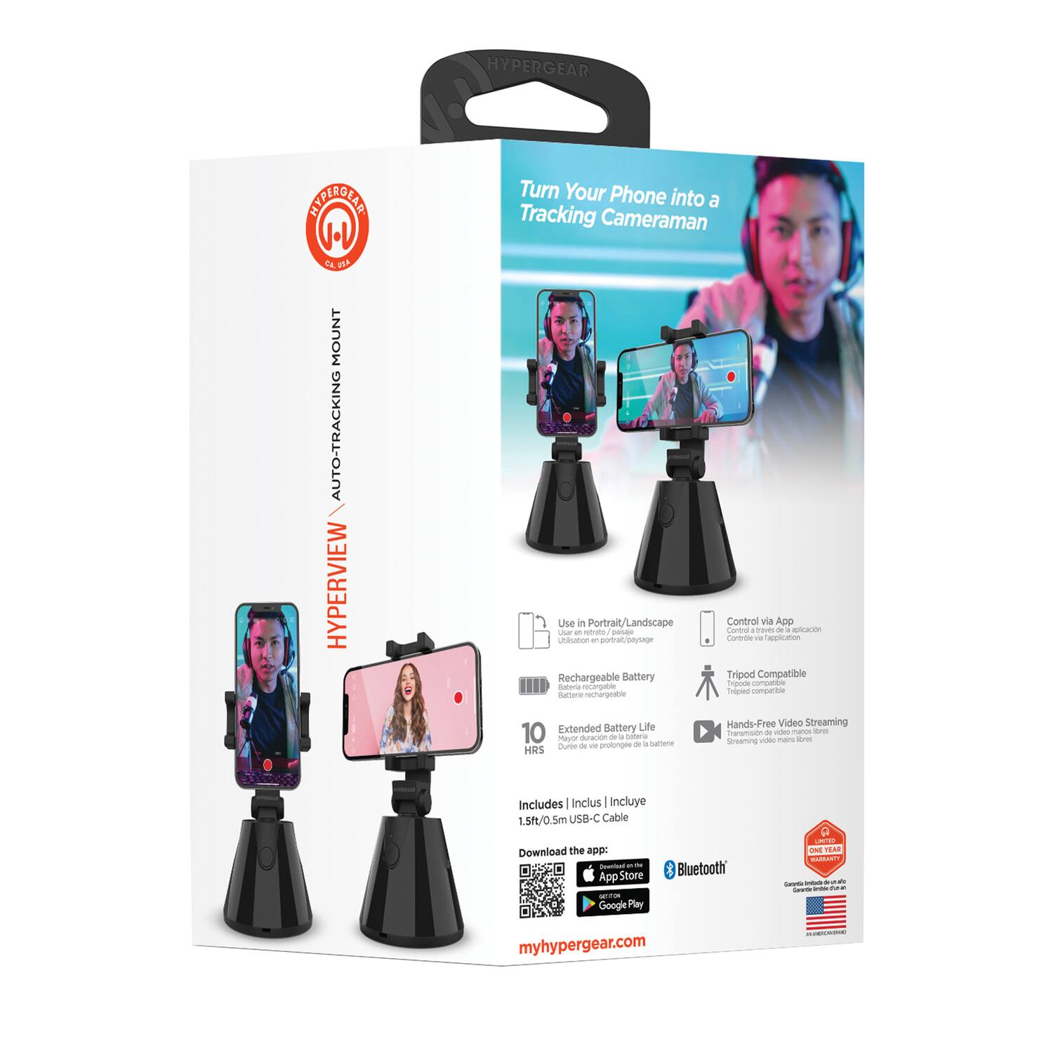 Sure, here is the corrected and grouped text from the image:

---

**HYPERGEAR**

**HYPERVIEW AUTO-TRACKING MOUNT**

Turn Your Phone into a Tracking Cameraman

- Use in Portrait/Landscape
- Rechargeable Battery
- Extended Battery Life 10 Hours
- Control via App
- Tripod Compatible
- Hands-Free Video Streaming

Includes:
- 1.5ft/0.5m USB-C Cable

Download the app:
- App Store
- Google Play

Bluetooth

myhypergear.com

---

**Features:**
- Use in Portrait/Landscape
- Rechargeable Battery
- Extended Battery Life 10 Hours
- Control via App
- Tripod Compatible
- Hands-Free Video Streaming

**Includes:**
- 1.5ft/0.5m USB-C Cable

**Download the app:**
- App Store
- Google Play

**Bluetooth**

**myhypergear.com**

**One Year Warranty**

---