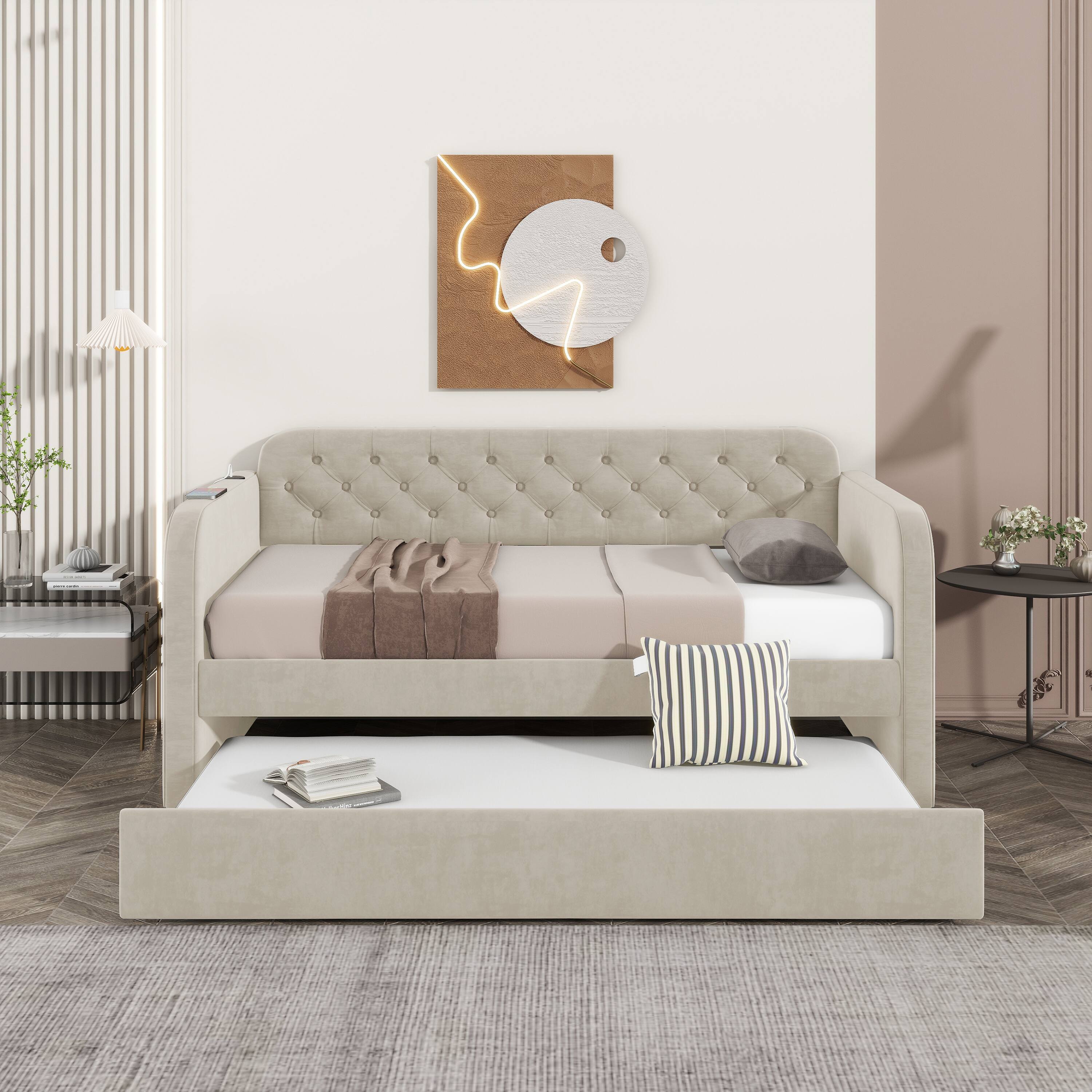 Left. Trinkets Crazed - Twin Size Upholstered Daybed with Trundle and USB Charging Design, Velvet Upholstered Daybed Frame, Twin Sofa Bed - Beige.