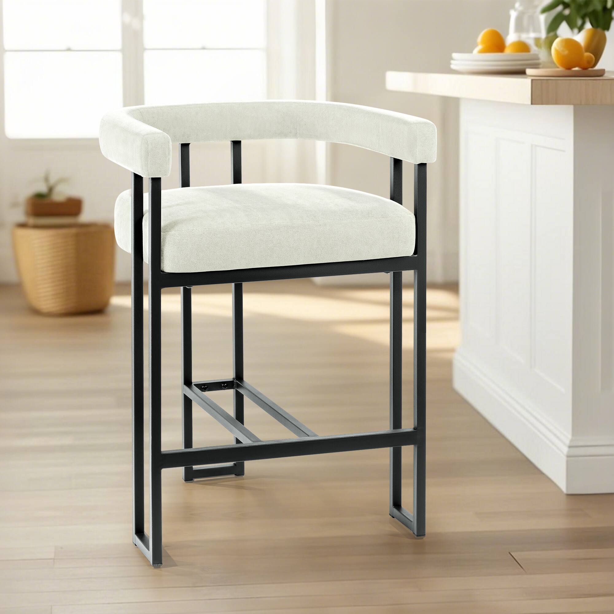 KERDOM - 1pc Upholstered 26‘’ High Kitchen Chair Velvet Bar Stool, Padded Kitchen Island Stool with Arm for 30-40'' Countertop - Pearl White