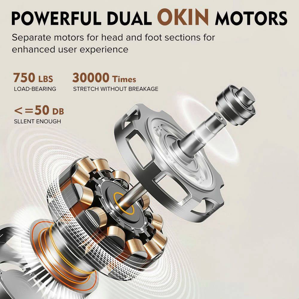 POWERFUL DUAL OKIN MOTORS  
Separate motors for head and foot sections for enhanced user experience  

750 LBS  
LOAD-BEARING  

30000 Times  
STRETCH WITHOUT BREAKAGE  

<=50 DB  
SILENT ENOUGH