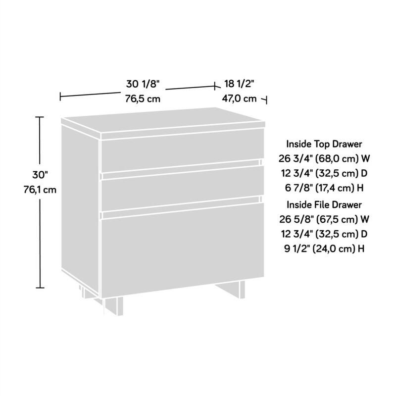 30 1/8" (76.5 cm)  
18 1/2" (47.0 cm)  
T 30" (76.1 cm)  

Inside Top Drawer  
26 3/4" (68.0 cm) W  
12 3/4" (32.5 cm) D  
6 7/8" (17.4 cm) H  

Inside File Drawer  
26 5/8" (67.5 cm) W  
12 3/4" (32.5 cm) D  
9 1/2" (24.0 cm) H