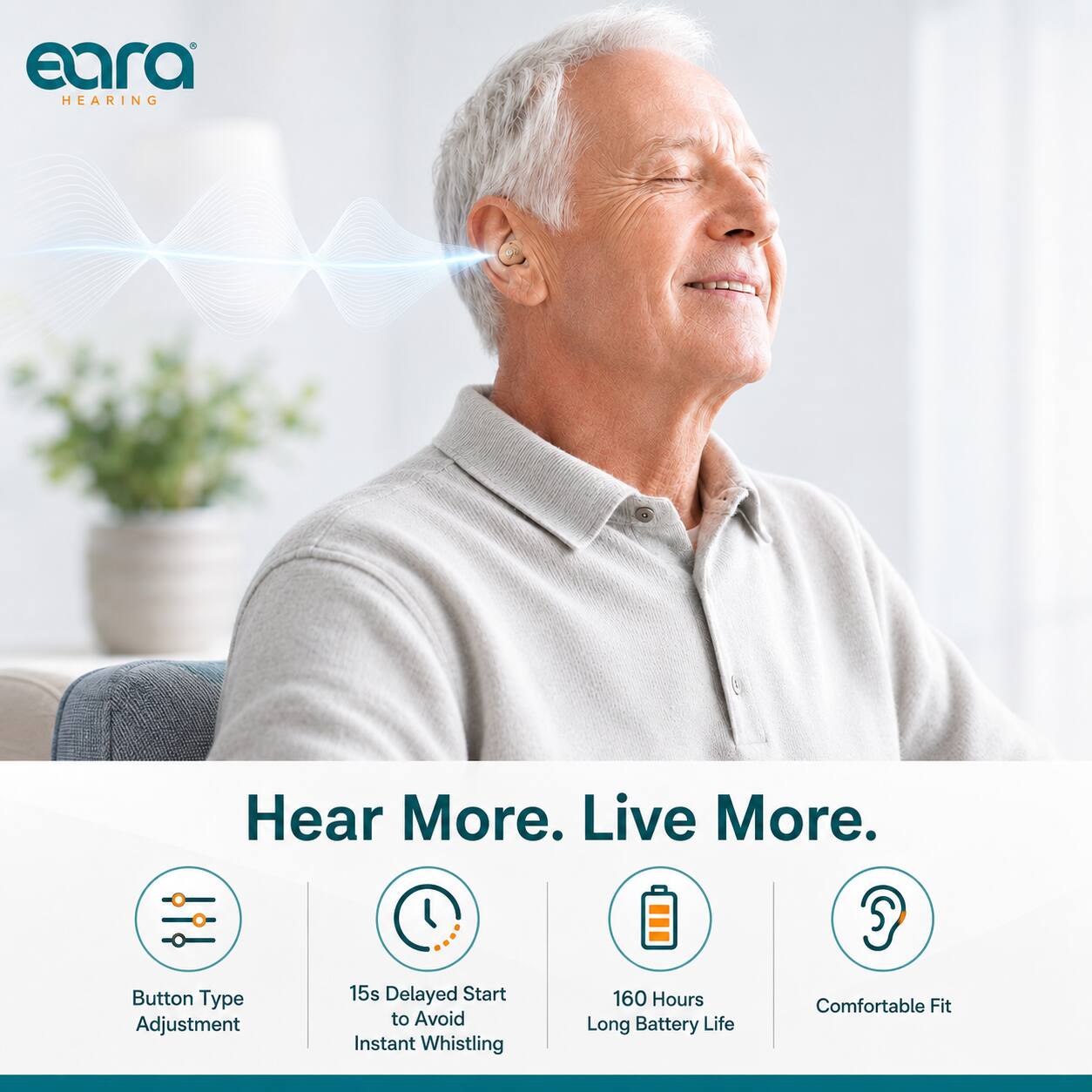 eara HEARING

Hear More. Live More.

- Button Type Adjustment
- 15s Delayed Start to Avoid Instant Whistling
- 160 Hours Long Battery Life
- Comfortable Fit