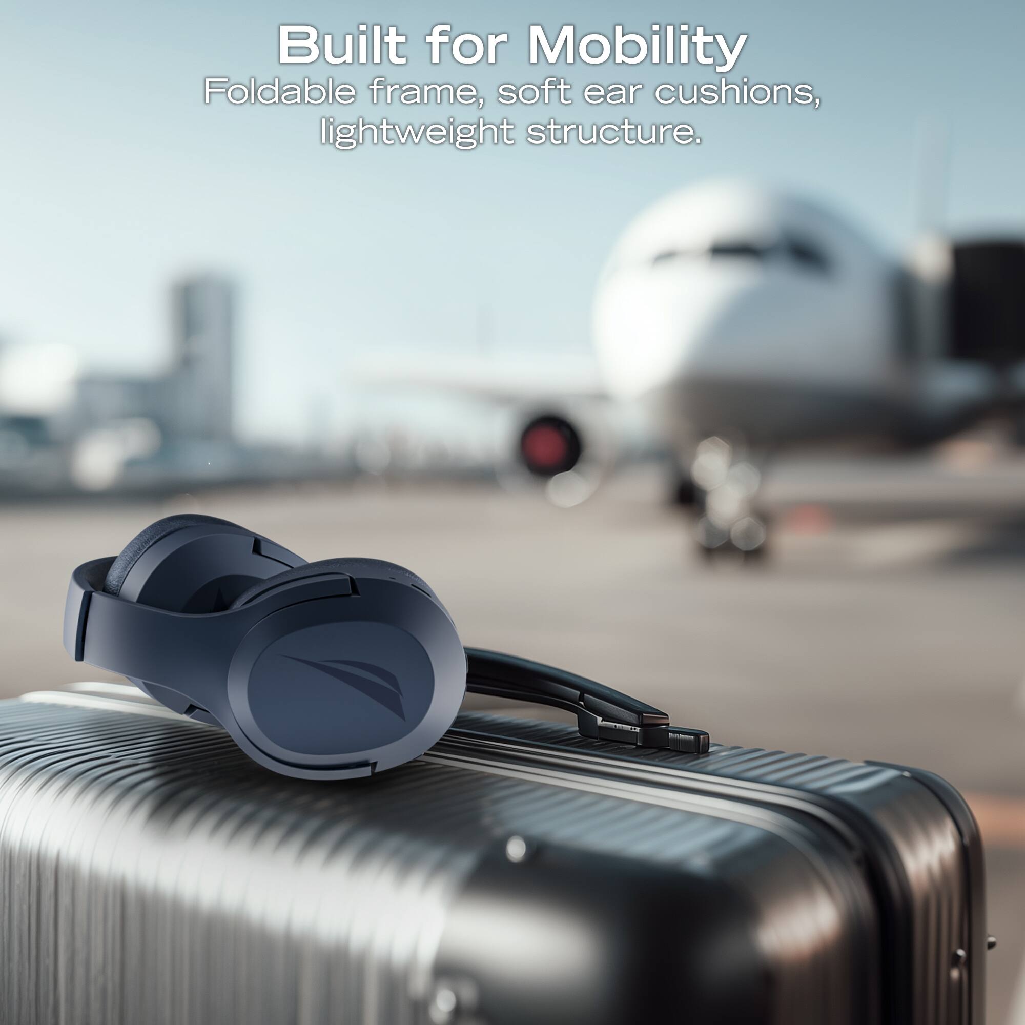 Built for Mobility  
Foldable frame, soft ear cushions, lightweight structure.