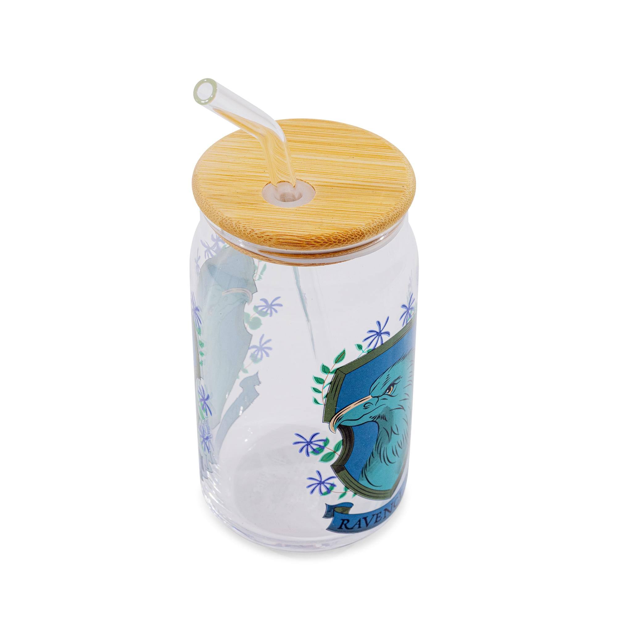 Alt View 1. Silver Buffalo - Harry Potter Ravenclaw House Mascot Glass Tumbler With Bamboo Lid and Straw - Blue.