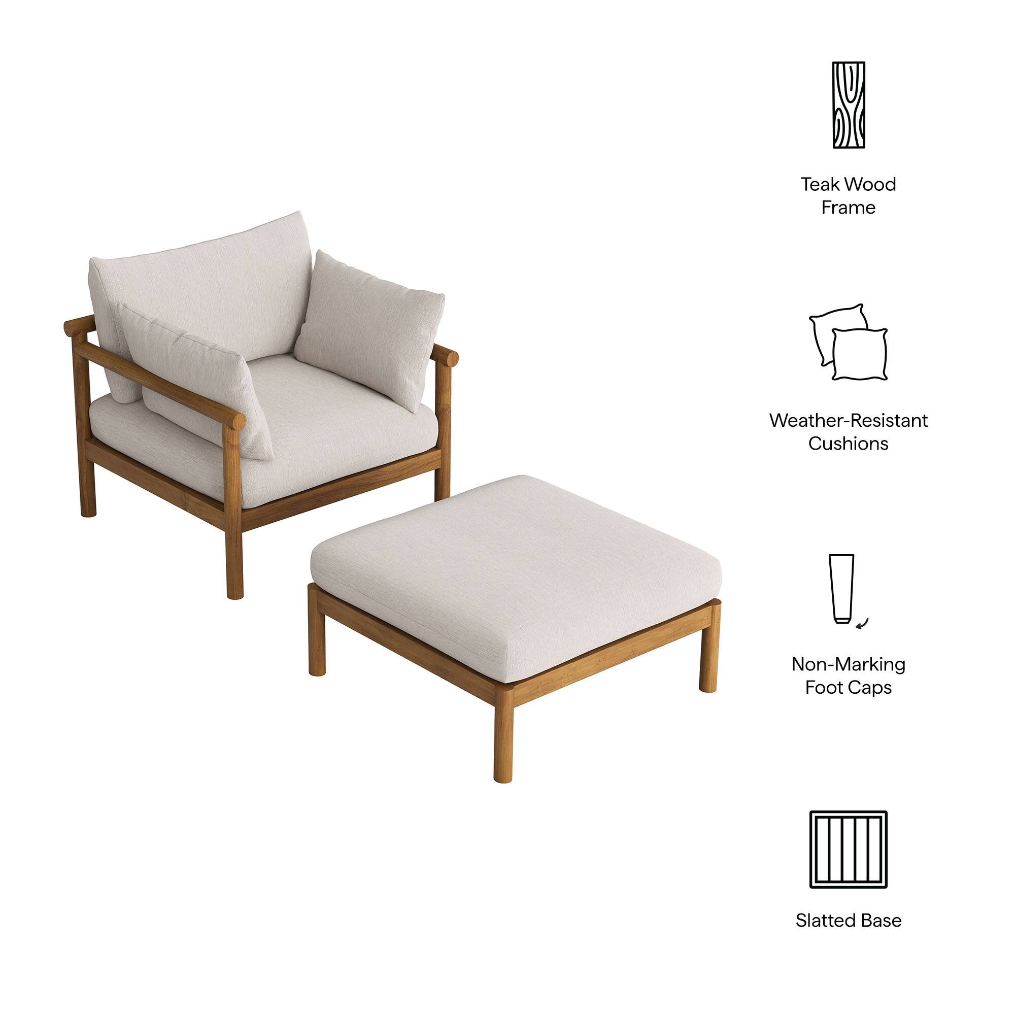 Teak Wood Frame  
Weather-Resistant Cushions  
Non-Marking Foot Caps  
Slatted Base