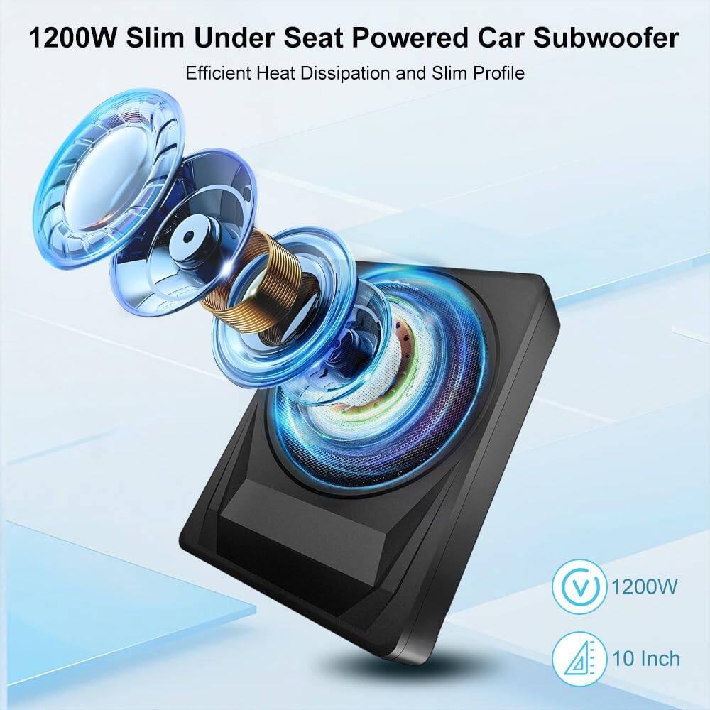 1200W Slim Under Seat Powered Car Subwoofer  
Efficient Heat Dissipation and Slim Profile  

1200W  
10 Inch