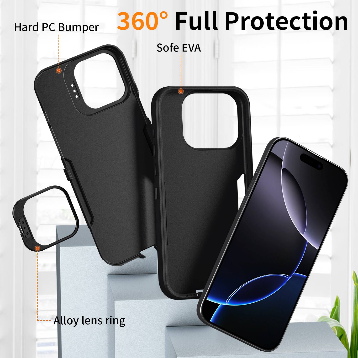 Hard PC Bumper 360° Full Protection Soft EVA. Alloy lens ring