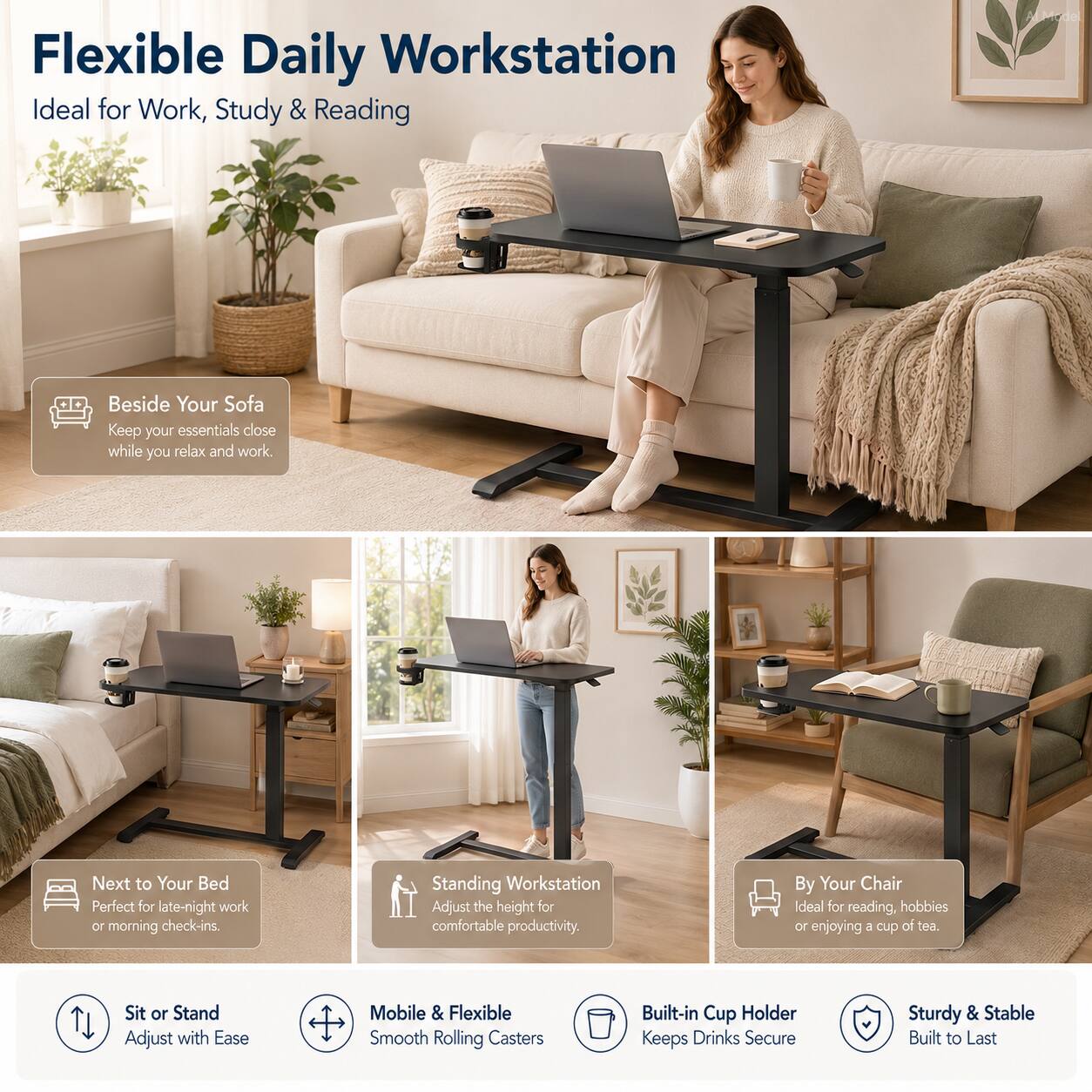 Flexible Daily Workstation  
Ideal for Work, Study & Reading  

Beside Your Sofa  
Keep your essentials close while you relax and work.  

Next to Your Bed  
Perfect for late-night work or morning check-ins.  

Standing Workstation  
Adjust the height for comfortable productivity.  

By Your Chair  
Ideal for reading, hobbies or enjoying a cup of tea.  

Sit or Stand  
Adjust with Ease  

Mobile & Flexible  
Smooth Rolling Casters  

Built-in Cup Holder  
Keeps Drinks Secure  

Sturdy & Stable  
Built to Last