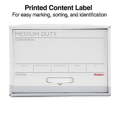 Printed Content Label  
For easy marking, sorting, and identification  

MEDIUM DUTY  
CONTENTS:  

BOX NO: ST59226  
BOX LOCATION:  
DESTROY DATE:  
FROM:  
TO:  

Staples