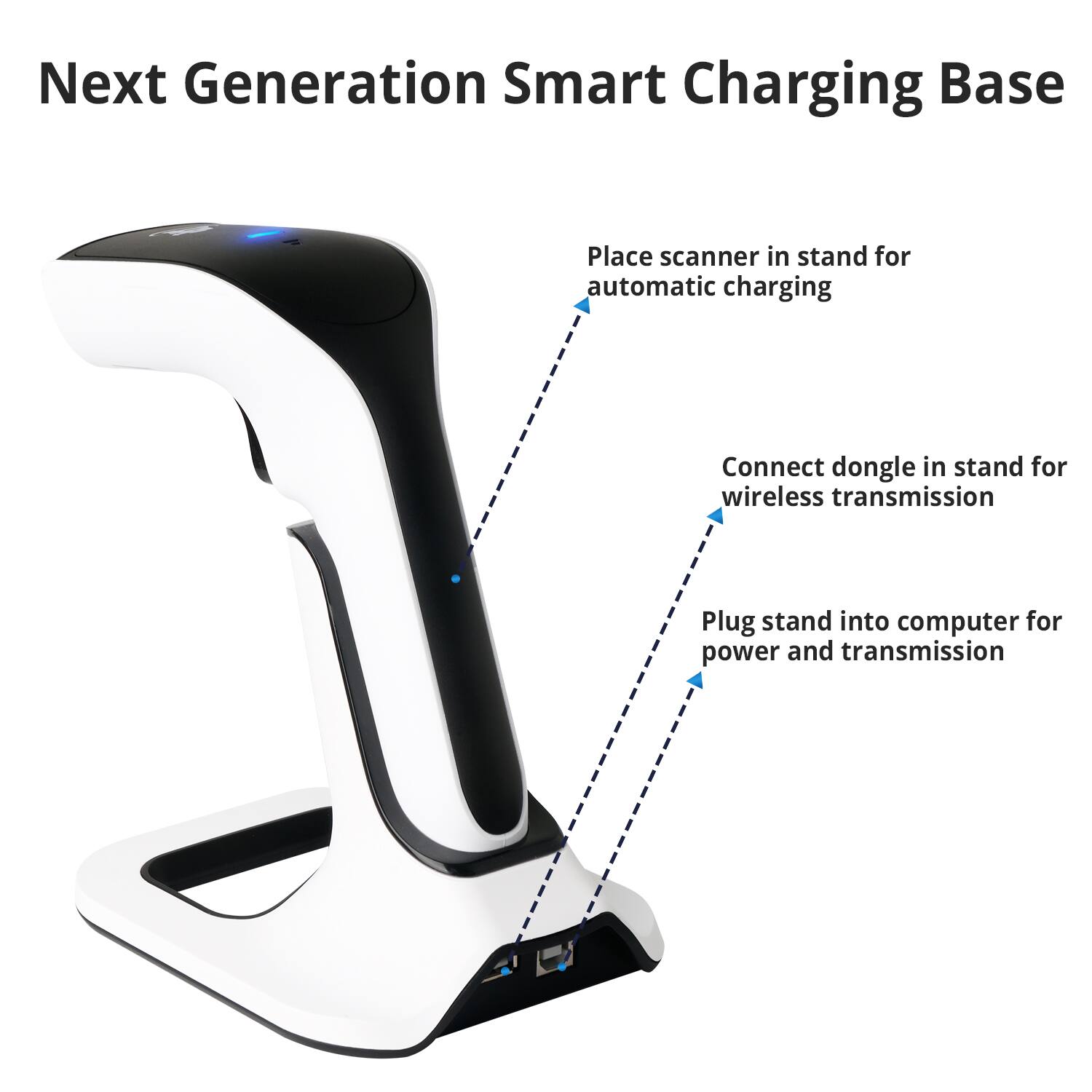 Next Generation Smart Charging Base

- Place scanner in stand for automatic charging
- Connect dongle in stand for wireless transmission
- Plug stand into computer for power and transmission