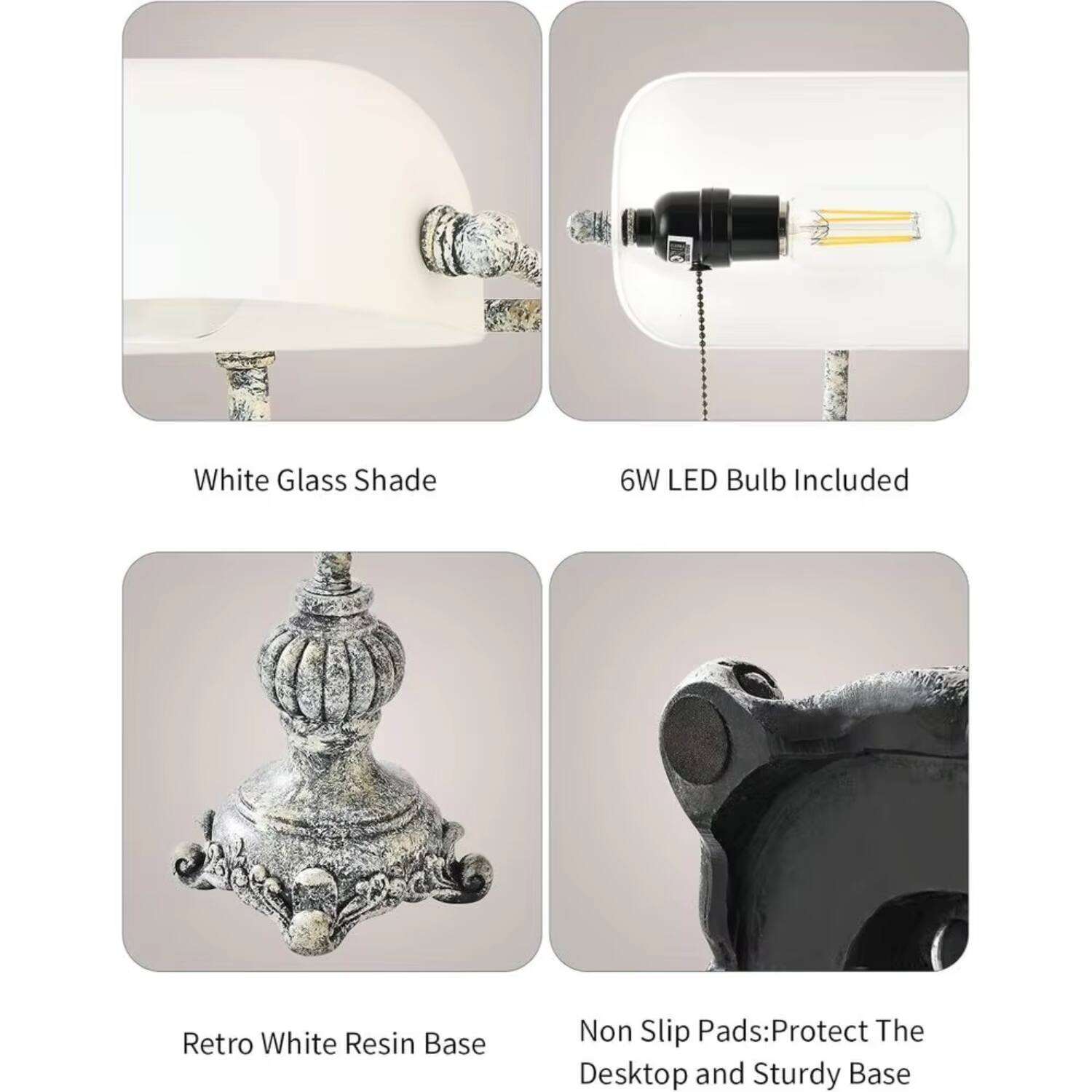 - White Glass Shade
- 6W LED Bulb Included
- Retro White Resin Base
- Non Slip Pads: Protect The Desktop and Sturdy Base