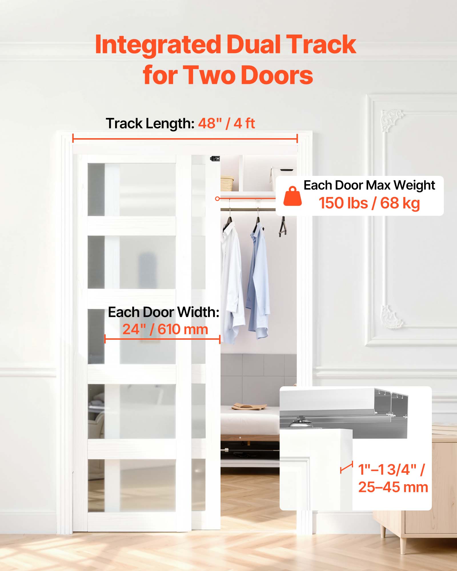 Integrated Dual Track for Two Doors

Track Length: 48" / 4 ft

Each Door Max Weight: 150 lbs / 68 kg

Each Door Width: 24" / 610 mm

1" - 1 3/4" / 25-45 mm