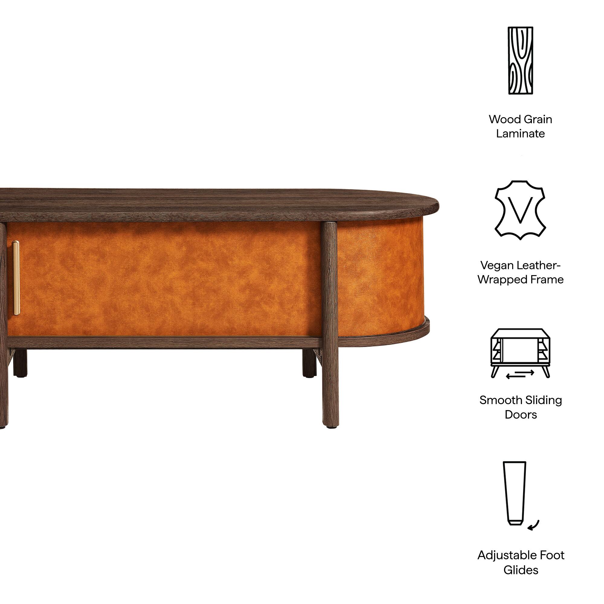 Wood Grain Laminate  
Vegan Leather-Wrapped Frame  
Smooth Sliding Doors  
Adjustable Foot Glides