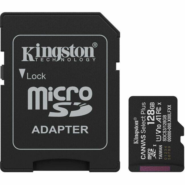 Kingston Technology  
Lock  
micro SD Adapter  

Kingston Select V10  
CANVAS XC  
128GB  
SDCS3/128GB  
00000-000.X00LFXX  
TAIWAN  
01234 56789