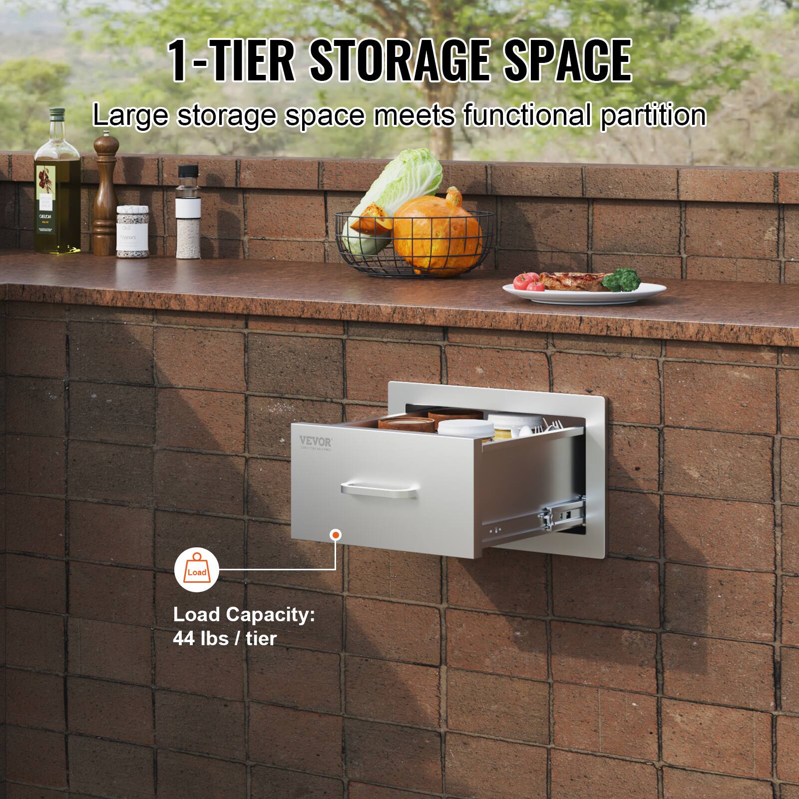 1-TIER STORAGE SPACE  
Large storage space meets functional partition  

Load Capacity:  
44 lbs / tier