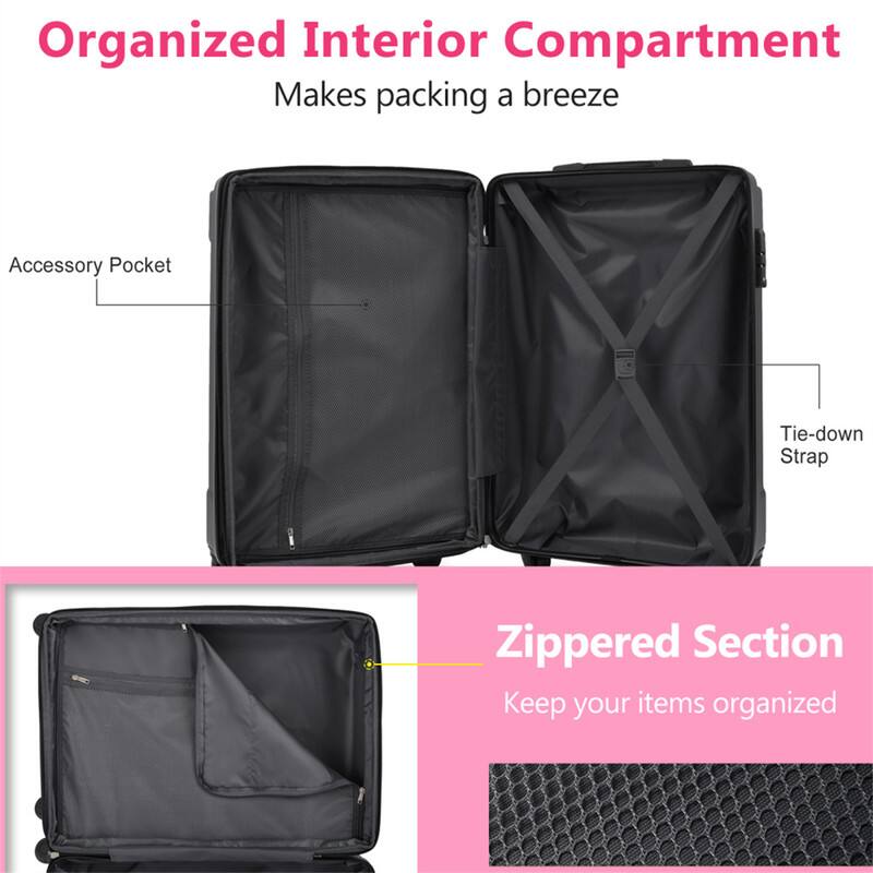 Organized Interior Compartment  
Makes packing a breeze  

Accessory Pocket  
Tie-down Strap  
Zippered Section  
Keep your items organized