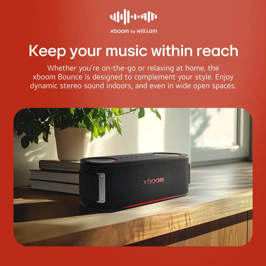 xboom by will.i.am Keep your music within reach Whether you're on-the-go or relaxing at home, the xboom Bounce is designed to complement your style. Enjoy dynamic stereo sound indoors, and even in wide open spaces. xboom