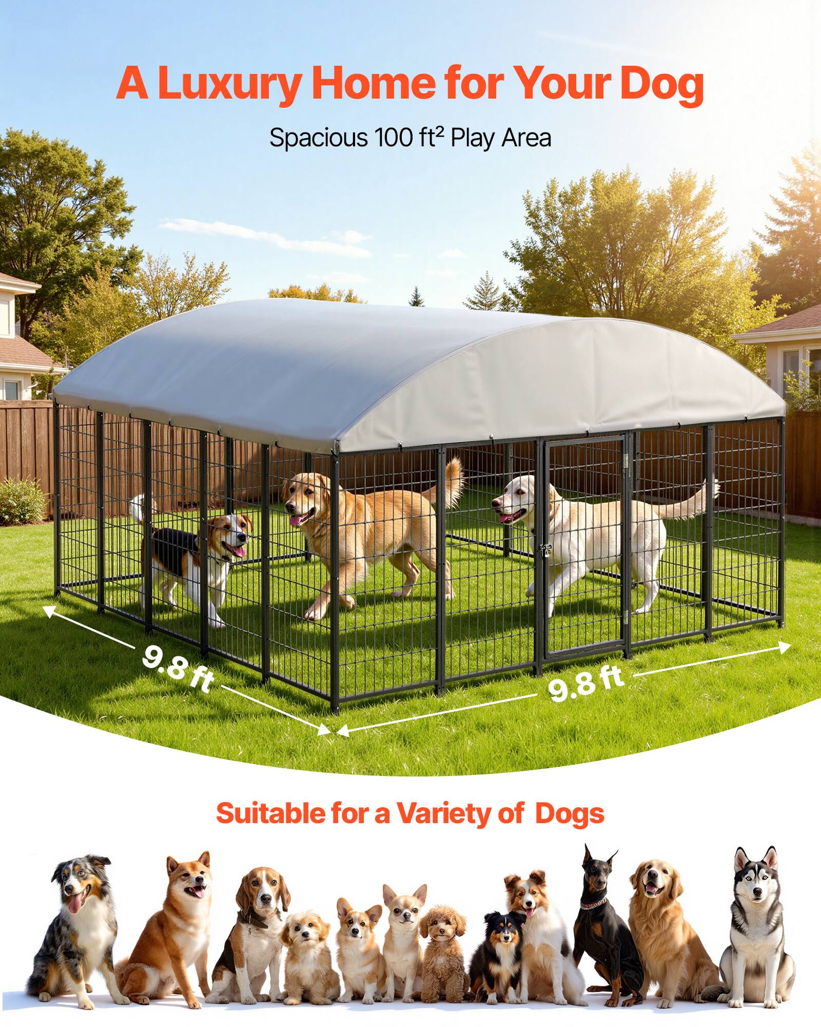 A Luxury Home for Your Dog  
Spacious 100 ft² Play Area  
9.8 ft x 9.8 ft  
Suitable for a Variety of Dogs