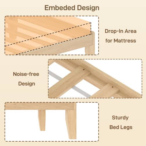 Embedded Design  
- Drop-In Area for Mattress  
- Noise-free Design  
- Sturdy Bed Legs
