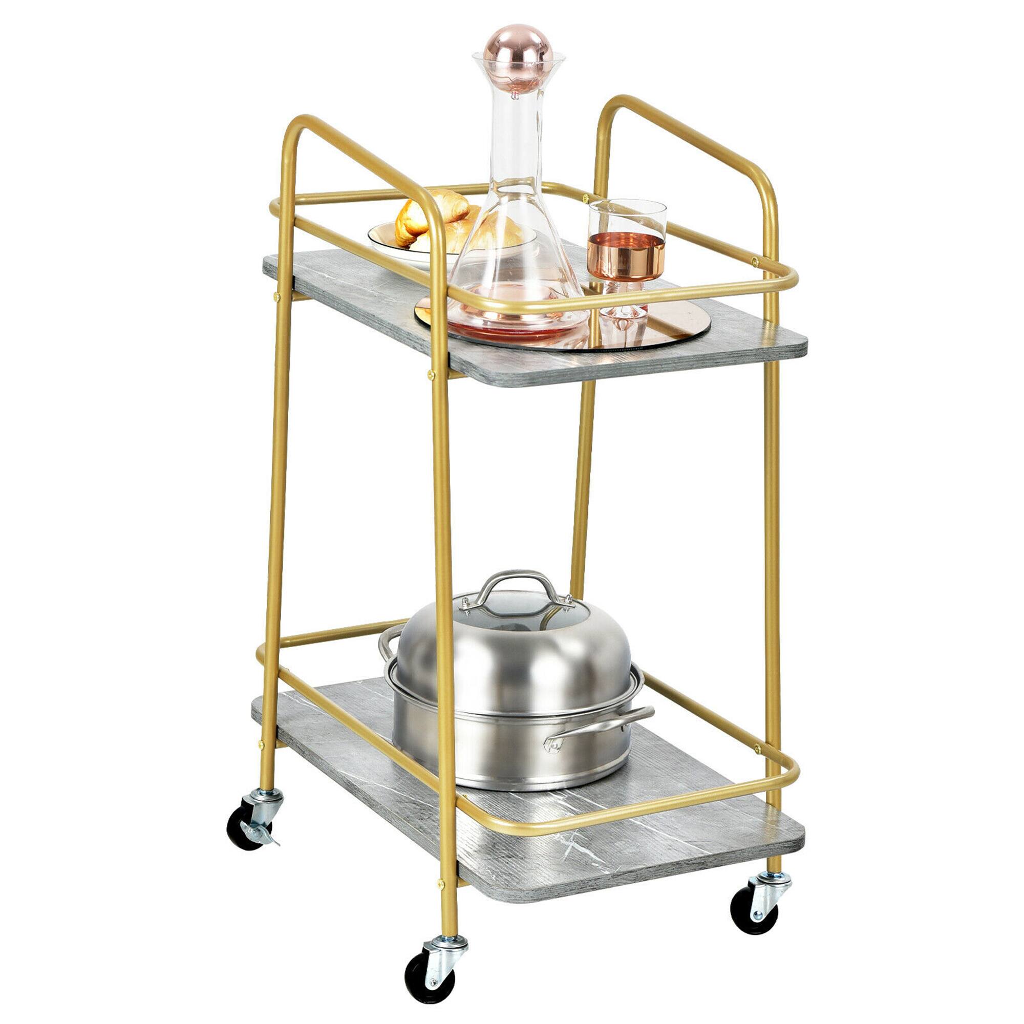 Alt View 8. Gymax - Gymax Gold Serving Cart Utility Trolley on Wheel Rolling Kitchen Rack w/Handle - Grey, Golden.