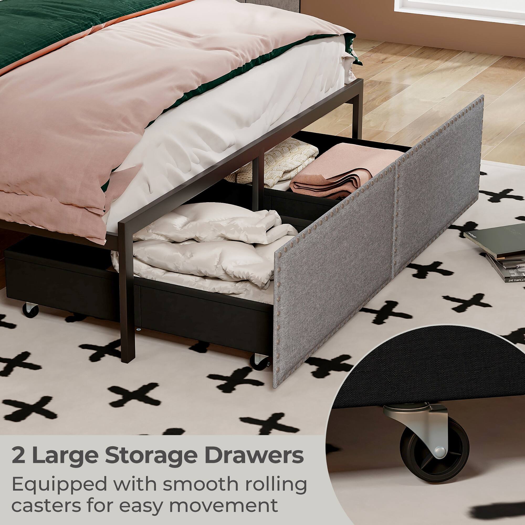 2 Large Storage Drawers  
Equipped with smooth rolling casters for easy movement