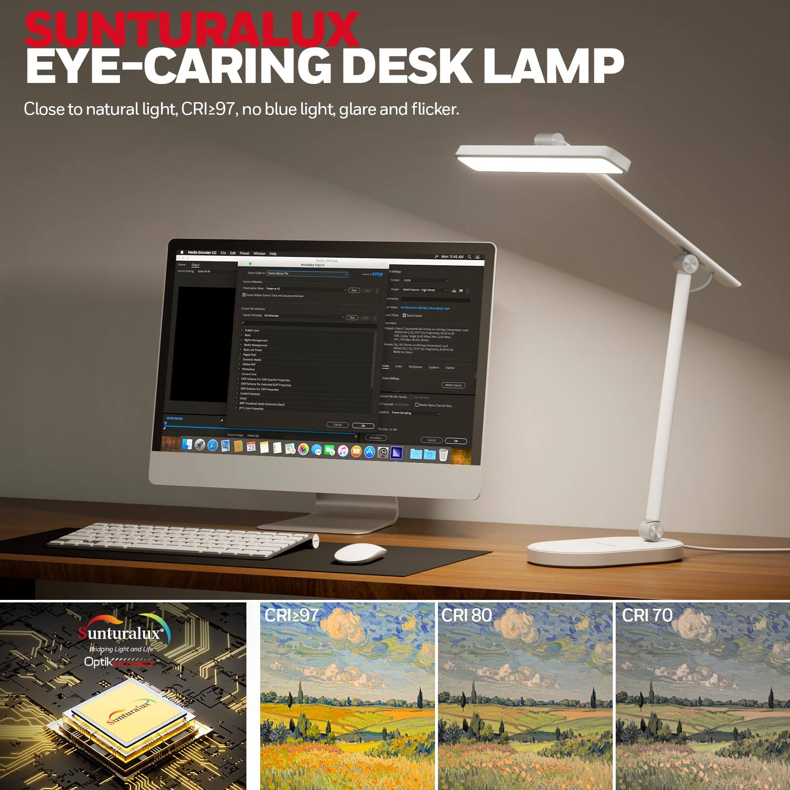 SUNTURALUX EYE-CARING DESK LAMP  
Close to natural light, CRI97, no blue light, glare and flicker.  

unturalux Waping Light  
Lie Optik  
CRI97  
CRI 80  
CRI 70