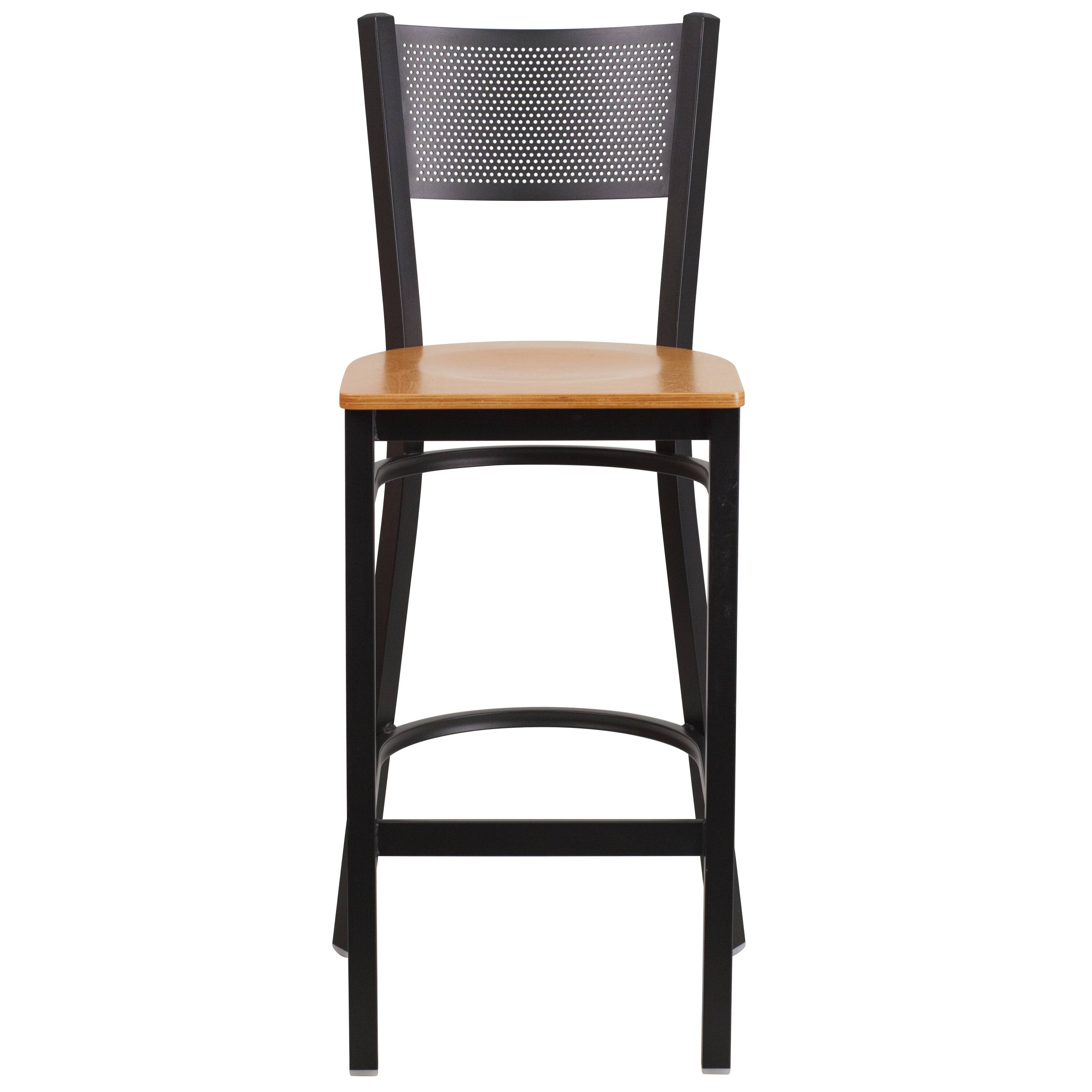 Alt View 5. Emma + Oliver - Grid Back Metal Restaurant Dining Barstool - Natural Wood Seat/Black Metal Frame.