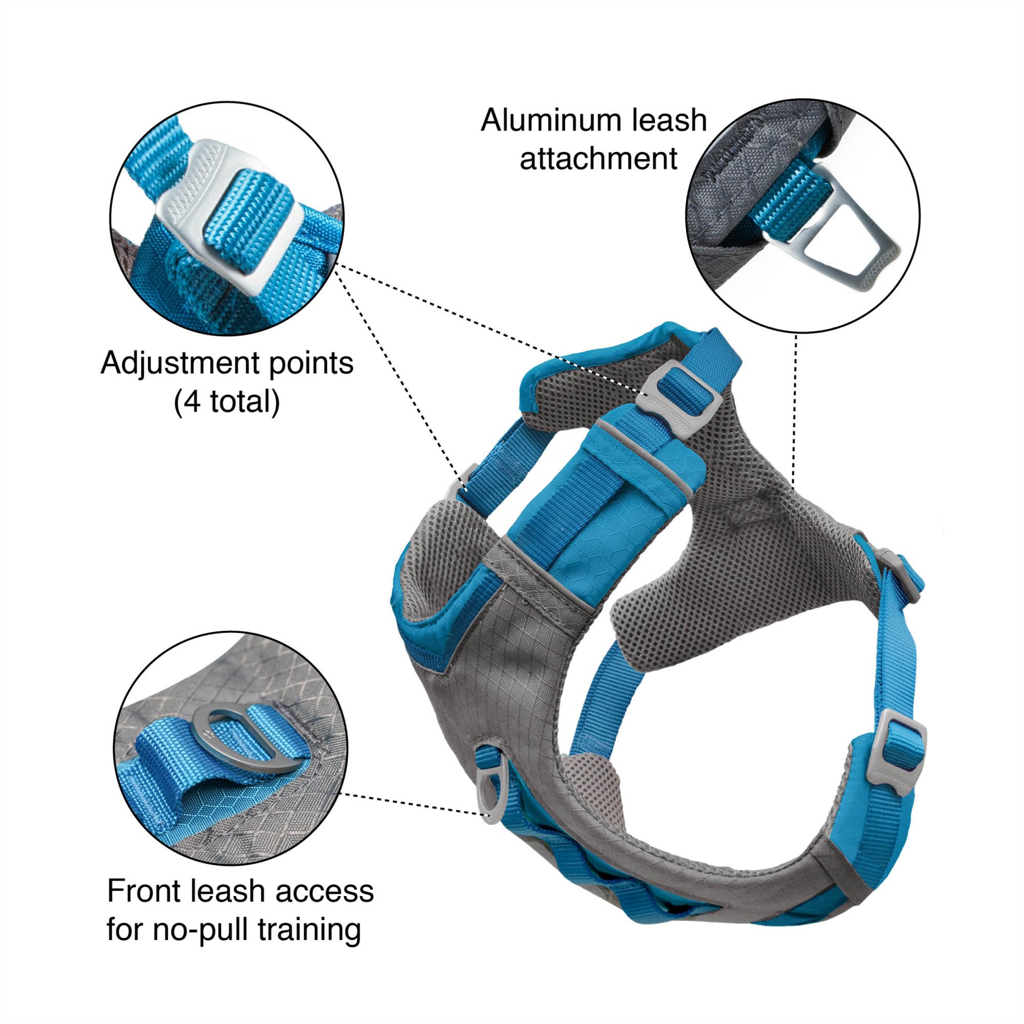 - Aluminum leash attachment
- Adjustment points (4 total)
- Front leash access for no-pull training