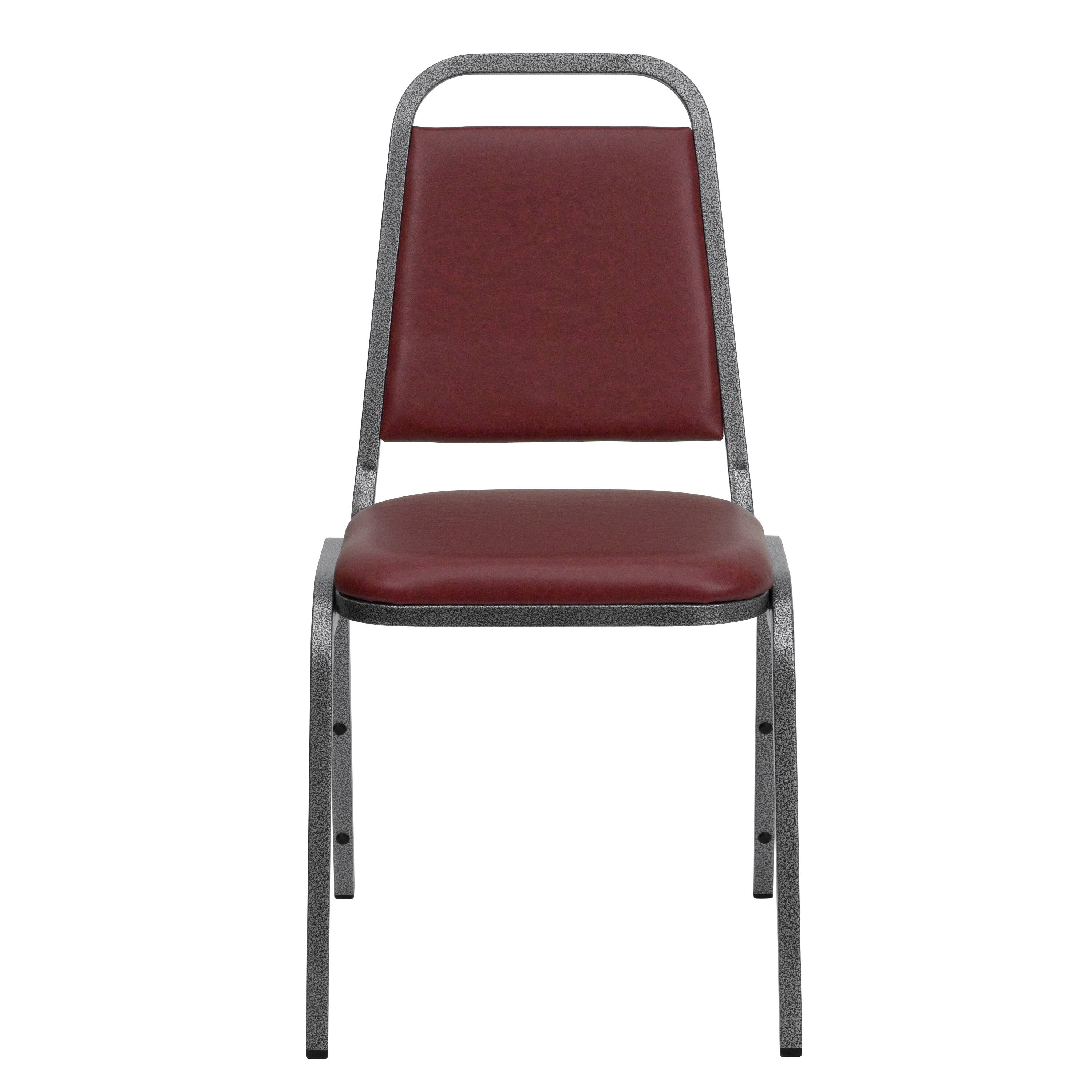 Alt View 3. Emma + Oliver - 4 Pack Trapezoidal Back Stacking Banquet Chair - Burgundy Vinyl/Silver Vein Frame.