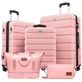 KERDOM - 5pcs Luggage Set - 20+24+28+2 Carry Bags Durable Suitcase Set, TSA Lock, Universal Wheels, Impact Resistance Lightweight - Pink