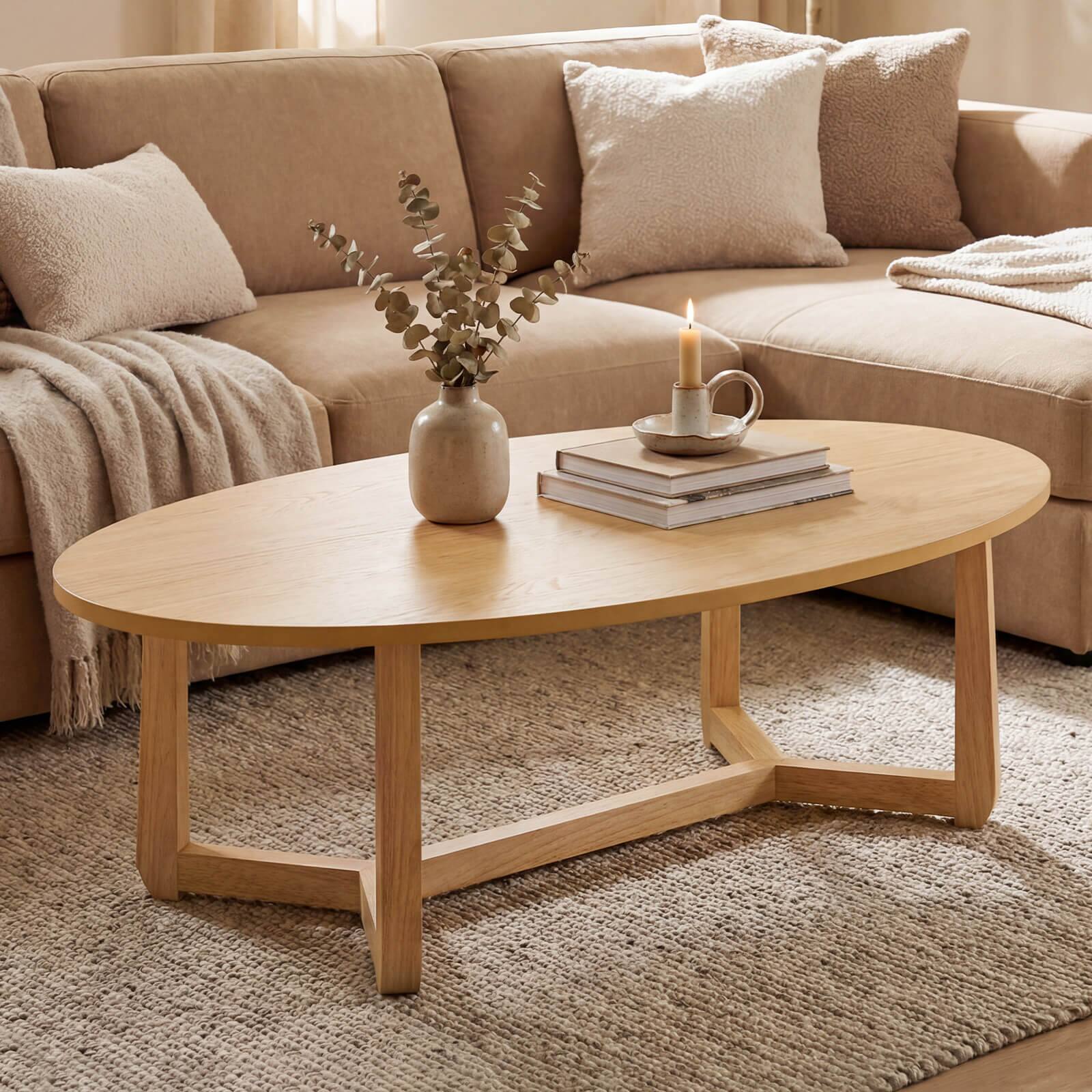 Alt View 1. Costway - Costway 46" Oval Coffee Table with Thickened Top & Solid Rubber Wood Frame for Living Room - Natural.