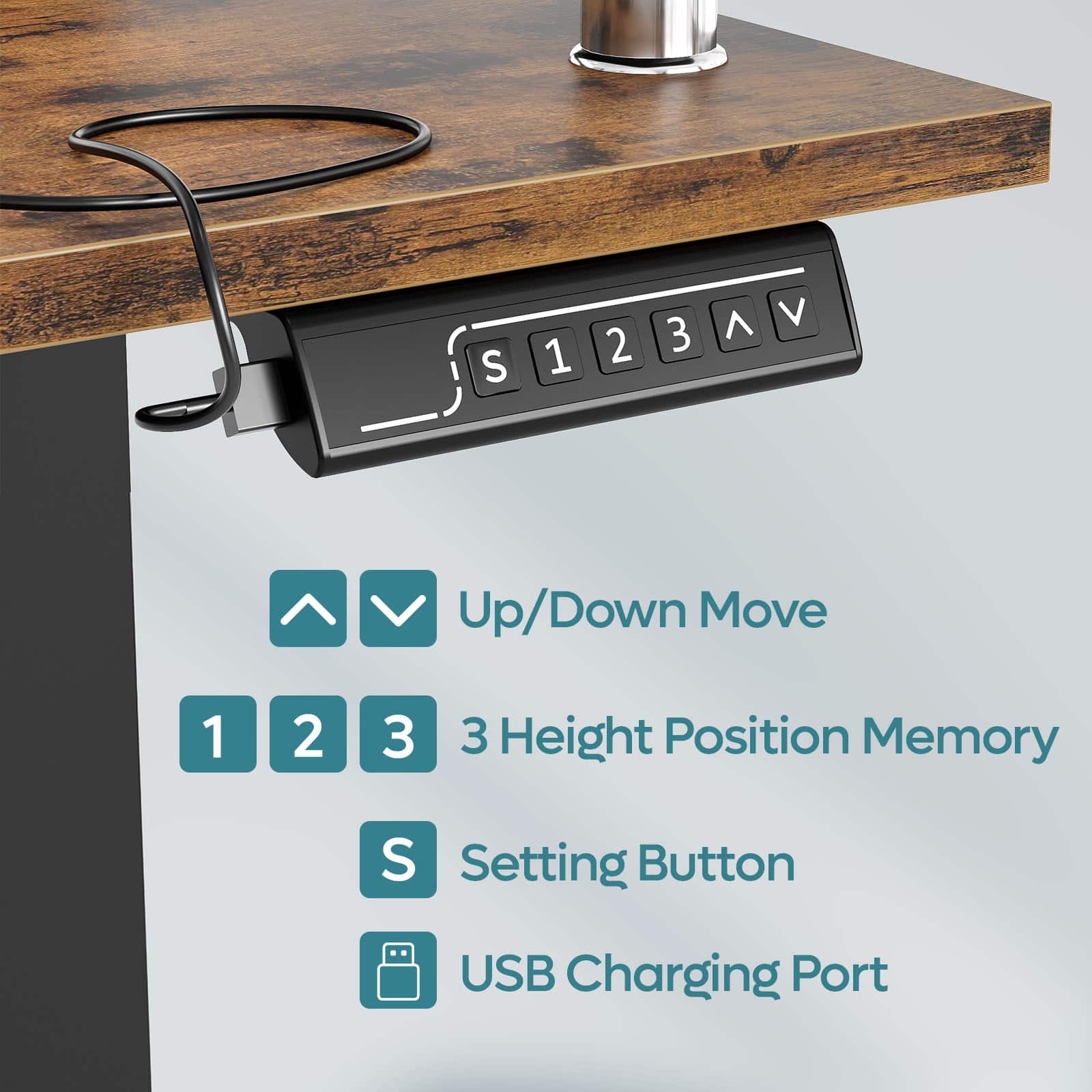 The text on the image is grouped and corrected as follows:
1. S 1 2 3 ^ V Up/Down Move
2. 1 2 3 Height Position Memory
3. S Setting Button
4. USB Charging Port