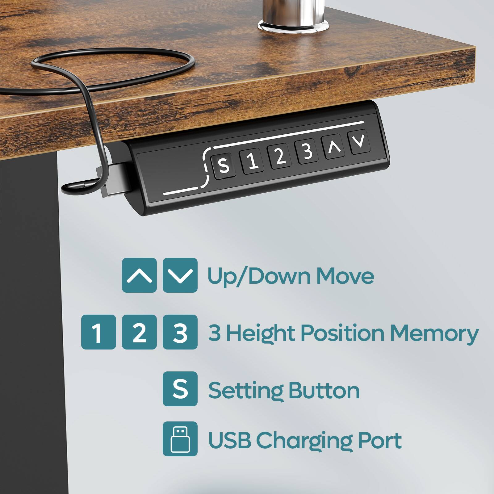 The text on the image is grouped and corrected as follows:

1. S 1 2 3 ^ V Up/Down Move
2. 1 2 3 Height Position Memory
3. S Setting Button
4. USB Charging Port
