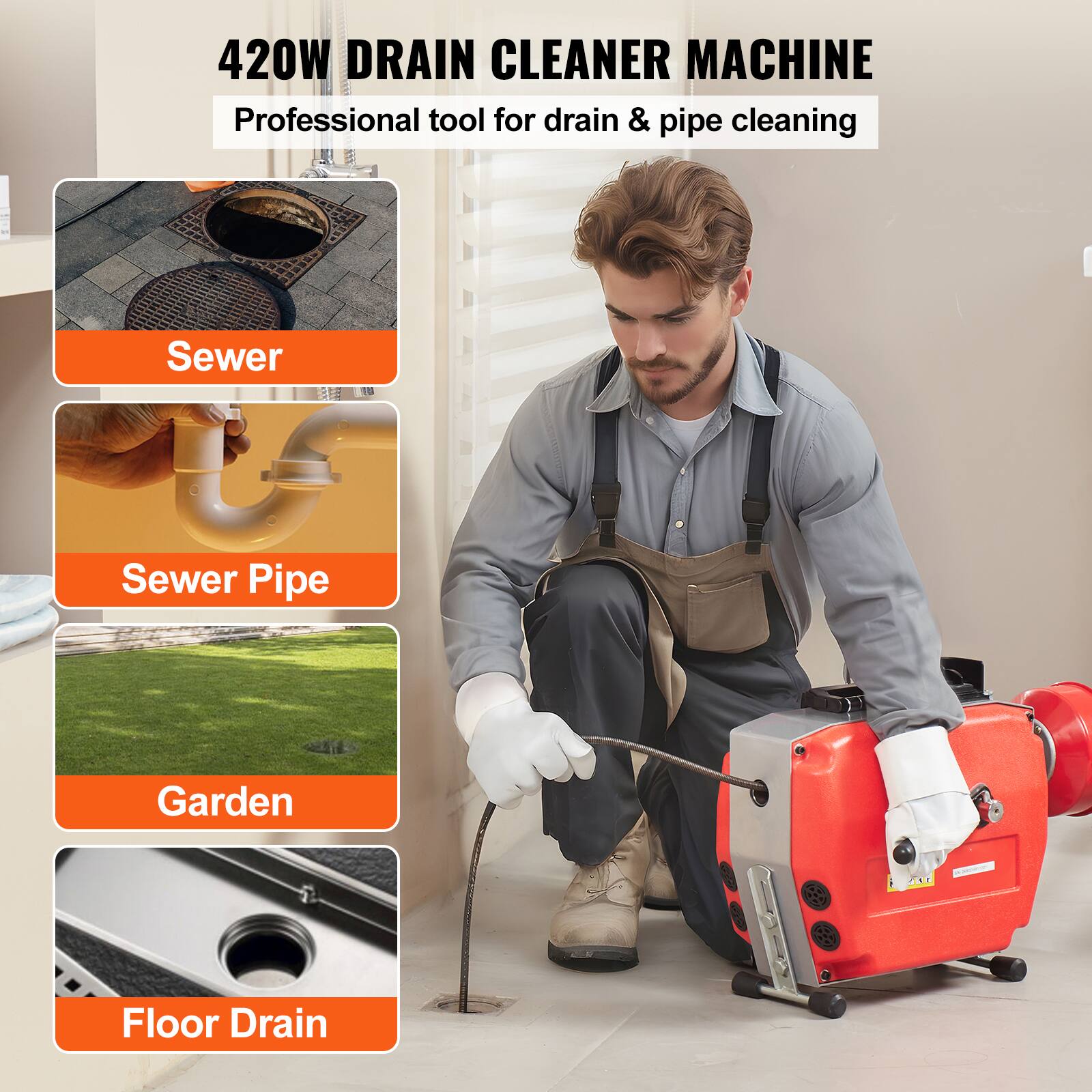 420W DRAIN CLEANER MACHINE, Professional tool for drain & pipe cleaning, Sewer, Sewer Pipe, Garden, Floor Drain