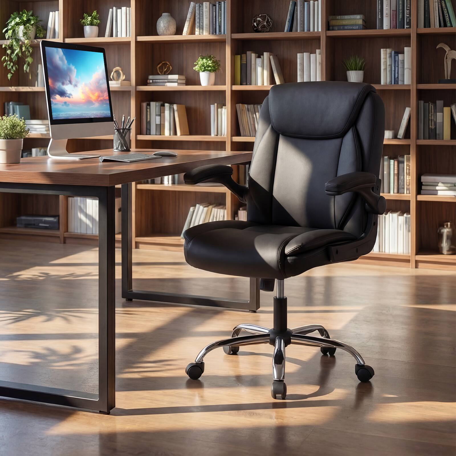 Alt View 3. Costway - Costway Leather Office Chair with Flip-up Armrests, Rocking Function, Adjustable Height - Black.